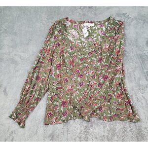 Ann Taylor LOFT Womens L Button Blouse Green Paisley Long Sleeve Fairy Peasant
